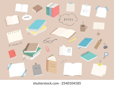 Hand-drawn illustration set of books, notebooks, and stationery