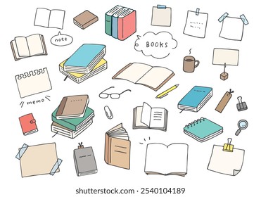 Hand-drawn illustration set of books, notebooks, and stationery