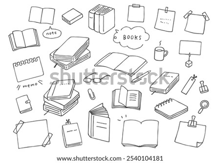 Hand-drawn illustration set of books, notebooks, and stationery