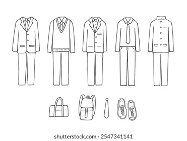 Conjunto de ilustrações desenhadas à mão de uniformes escolares do menino
