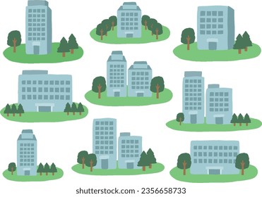 Hand-drawn illustration set of buildings, trees and land