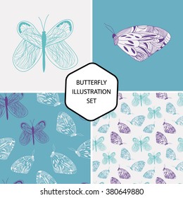 Hand-drawn illustration set with butterflies. Seamless patterns and isolated objects. Stock vector