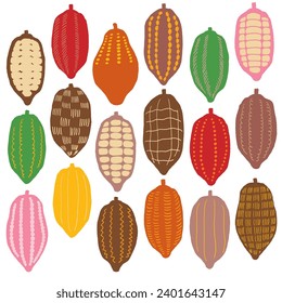 Hand-drawn illustration set of cacao beans.