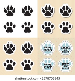 Hand-drawn illustration set of cat and dog footprints. Cat paw prints, dog paw prints.