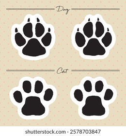 Hand-drawn illustration set of cat and dog footprints. Cat paw prints, dog paw prints.