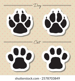 Hand-drawn illustration set of cat and dog footprints. Cat paw prints, dog paw prints.