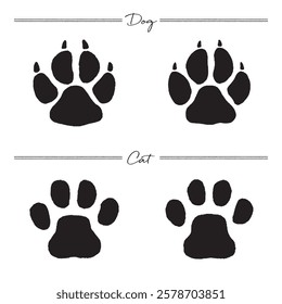 Hand-drawn illustration set of cat and dog footprints. Cat paw prints, dog paw prints.