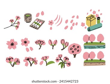 Hand-drawn illustration set of cherry blossoms in spring