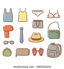 Hand-drawn illustration set of clothes and fashion miscellaneous goods