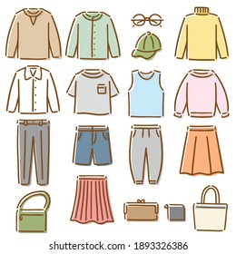 Hand-drawn illustration set of clothes and fashion miscellaneous goods