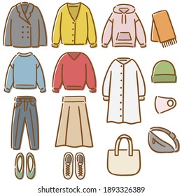 Hand-drawn illustration set of clothes and fashion miscellaneous goods