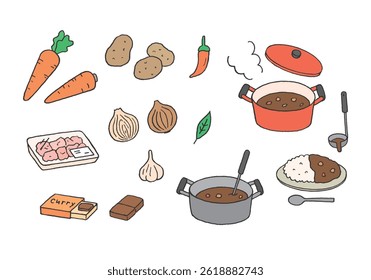 Conjunto de ilustração desenhado à mão de curry arroz e ingredientes de curry