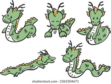 Hand-drawn illustration set of cute smiling dragons, dragons, new year's cards