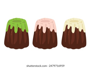 Conjunto de ilustraciones dibujadas a mano de canelés decorados de tres colores