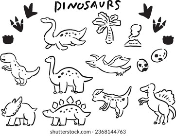 Hand-drawn illustration set of dinosaurs line art