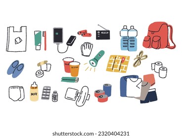 Hand-drawn illustration set of evacuation supplies to prepare for disasters