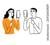 A hand-drawn illustration set featuring a man and a woman, each holding a smartphone. They appear to be showing their screens, suggesting concepts like mobile payment, QR code scanning, 