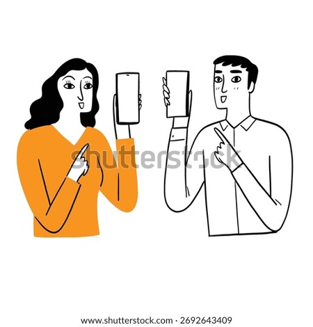 A hand-drawn illustration set featuring a man and a woman, each holding a smartphone. They appear to be showing their screens, suggesting concepts like mobile payment, QR code scanning, 