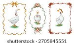 A hand-drawn illustration set featuring three white geese framed by decorative ribbon borders and floral accents, suitable for greeting cards, stationery, packaging, and vintage-themed designs.