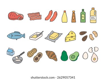 Hand-drawn illustration set of foods containing fat