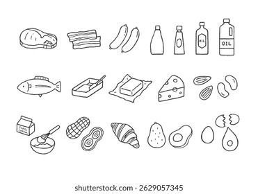 Hand-drawn illustration set of foods containing fat