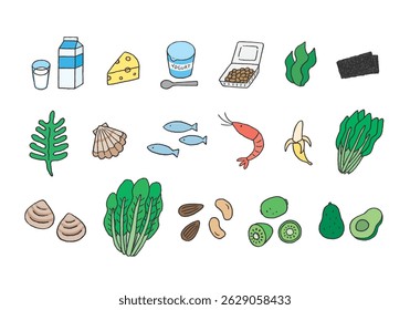Hand-drawn illustration set of foods containing minerals