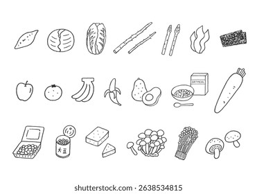 Hand-drawn illustration set of foods rich in dietary fiber
