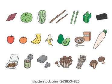 Hand-drawn illustration set of foods rich in dietary fiber