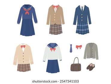 Hand-drawn illustration set of girl's school uniforms