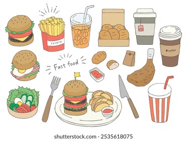 Hand-drawn illustration set of hamburgers, fries, etc.