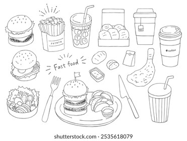 Hand-drawn illustration set of hamburgers, fries, etc.