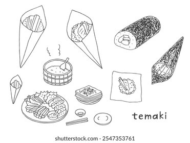 Hand-drawn illustration set of hand-rolled sushi