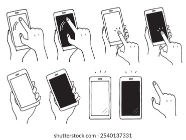 Hand-drawn illustration set of hands operating smartphones