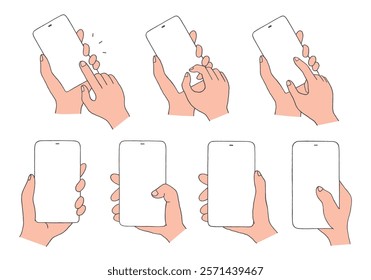 Hand-drawn illustration set of hands operating smartphones