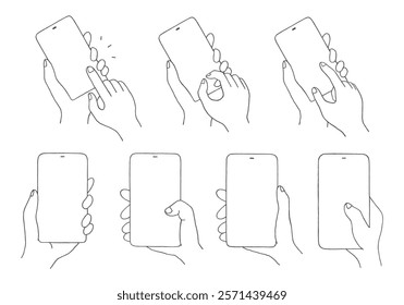 Hand-drawn illustration set of hands operating smartphones