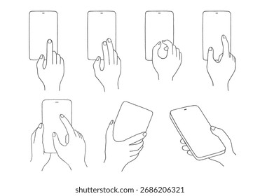 Ilustração desenhada à mão conjunto de mãos operando um smartphone