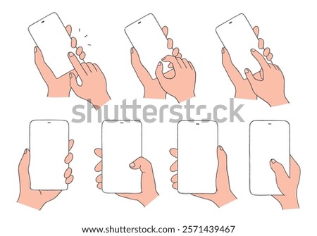 Hand-drawn illustration set of hands operating smartphones