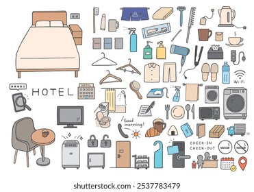 ilustração desenhada à mão conjunto de amenidades e equipamentos do hotel, etc.