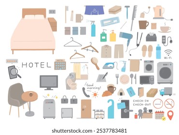 ilustração desenhada à mão conjunto de amenidades e equipamentos do hotel, etc.