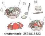 Hand-drawn illustration set of hotpot and crab