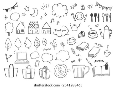 Hand-drawn illustration set of houses, leaves, tea, etc.