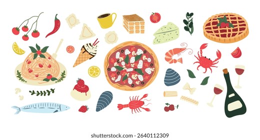A hand-drawn illustration of a set of Italian dishes. Delicious food and hot drinks. Vector flat illustration