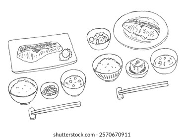 Hand-drawn illustration set of Japanese food and set meals