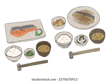 Hand-drawn illustration set of Japanese food and set meals