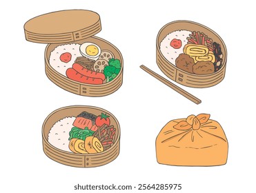 Hand-drawn illustration set of magewappa bento box