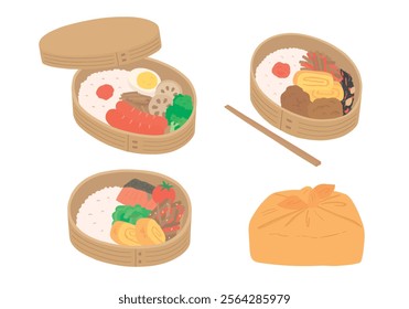 Hand-drawn illustration set of magewappa bento box
