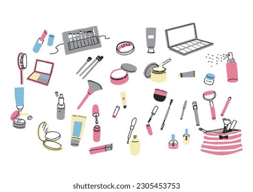  A hand-drawn illustration set of makeup products, such as brushes, cosmetics, and accessories