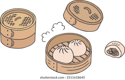 Hand-drawn illustration set of meat buns, pork buns, and steamer baskets