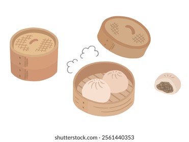 Hand-drawn illustration set of meat buns, pork buns, and steamer baskets