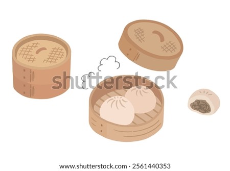 Hand-drawn illustration set of meat buns, pork buns, and steamer baskets